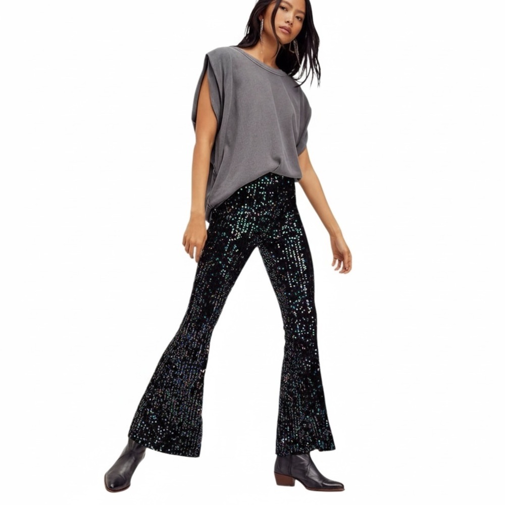 NWT Free People Sequin Pull On Sparkle Wide Leg Flare Pants